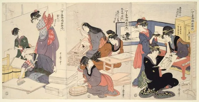Artist, Block Carver, Applying Sizing (Eshi, hangashi, dosa-biki), from the series The Cultivation of Brocade Prints, a Famous Product of Edo (Edo meibutsu nish